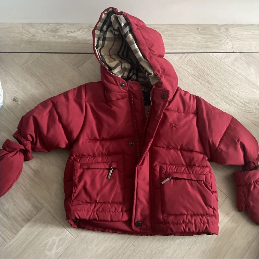 BURBERRY Kids Baby Red Down Puffer Coat w/ Mittens Nova Check House Lining 3M